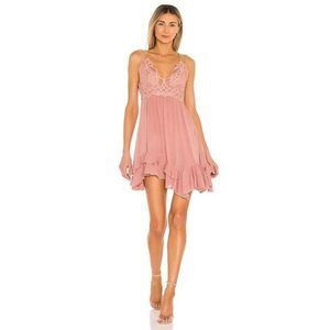 Free People Adella Mini Slip Dress in Rose Mauve Boho Chic Lace Ruffles Size M